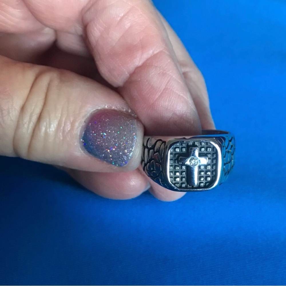 Stainless Steel Cross Signet Ring - Size 11
